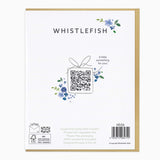 Back of Let's Do This Forever anniversary card with a QR code, blue floral illustrations, and a brown envelope.